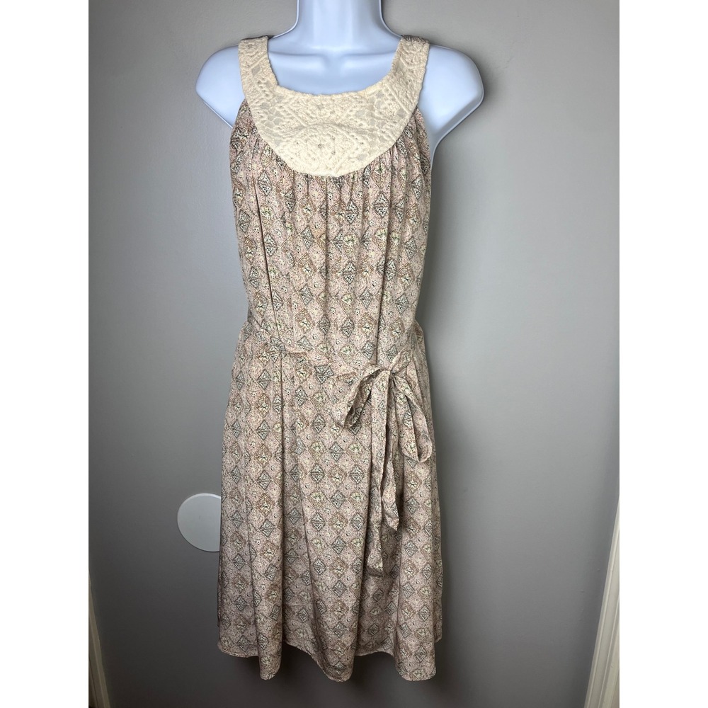 Anthropologie Sunner Geometric Silk Dress Embroidered Bib Sleeveless Tie Waist L